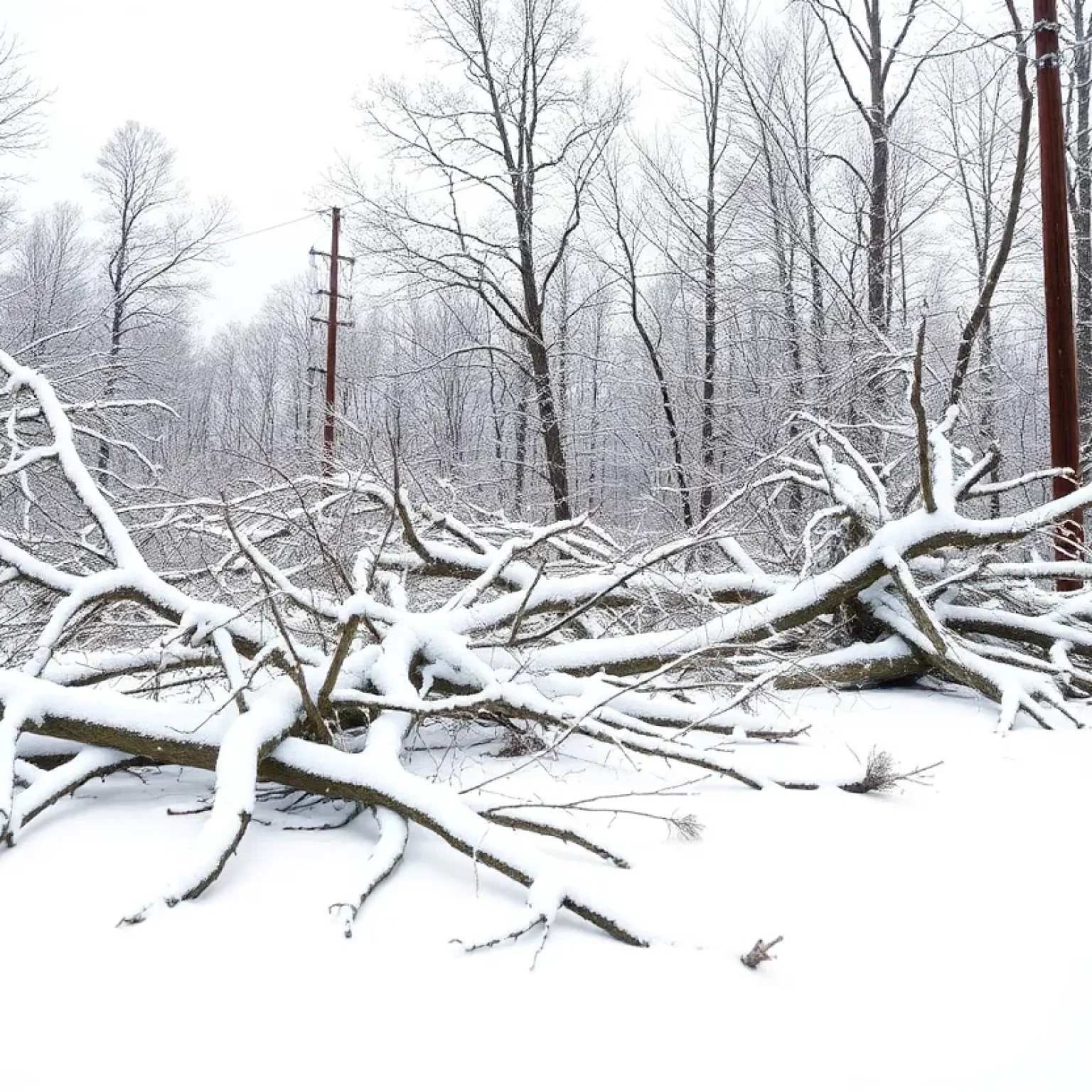 Snow-covered street in Newberry County with fallen trees and power lines after the winter storm.