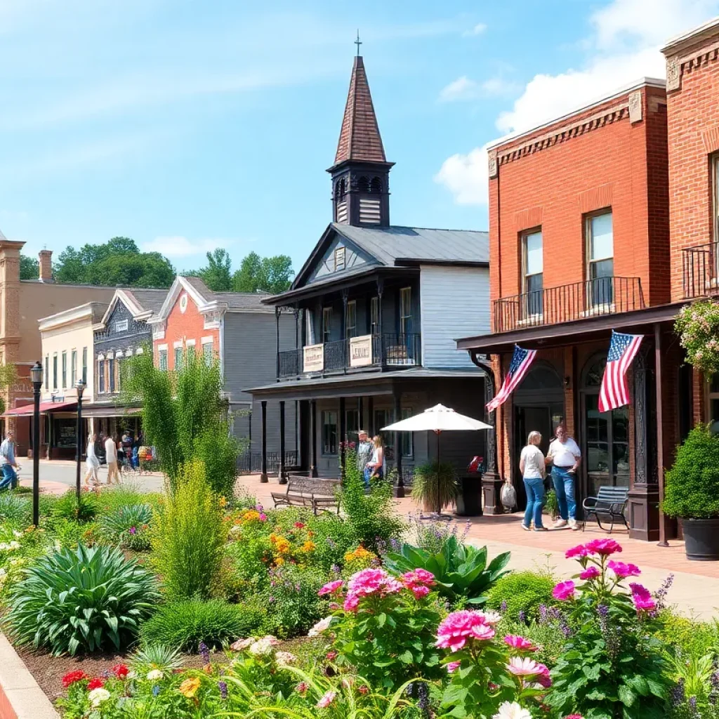 A scenic view of Newberry, South Carolina showing historic architecture and lush gardens.