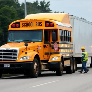 Emergency responders at the scene of a school bus collision.