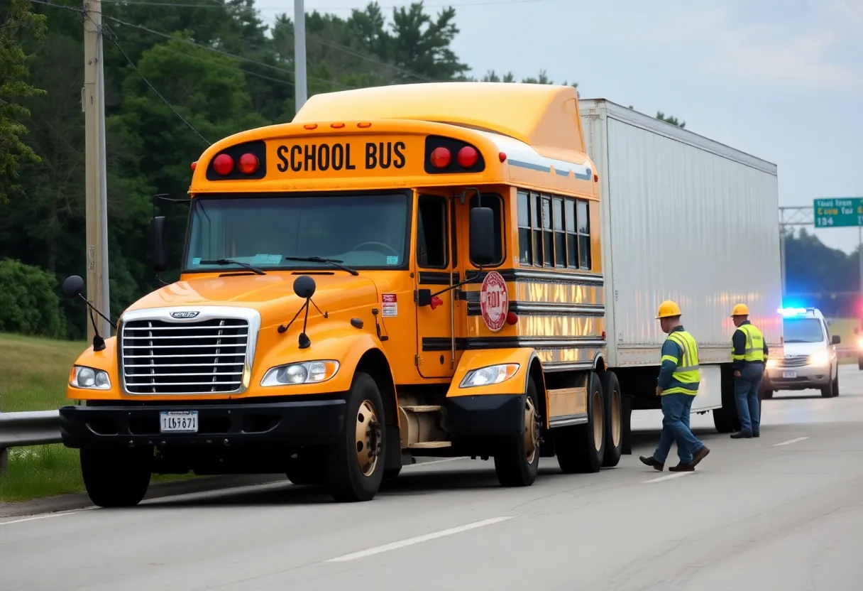 Emergency responders at the scene of a school bus collision.