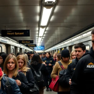 Subway station crowd with visible police presence