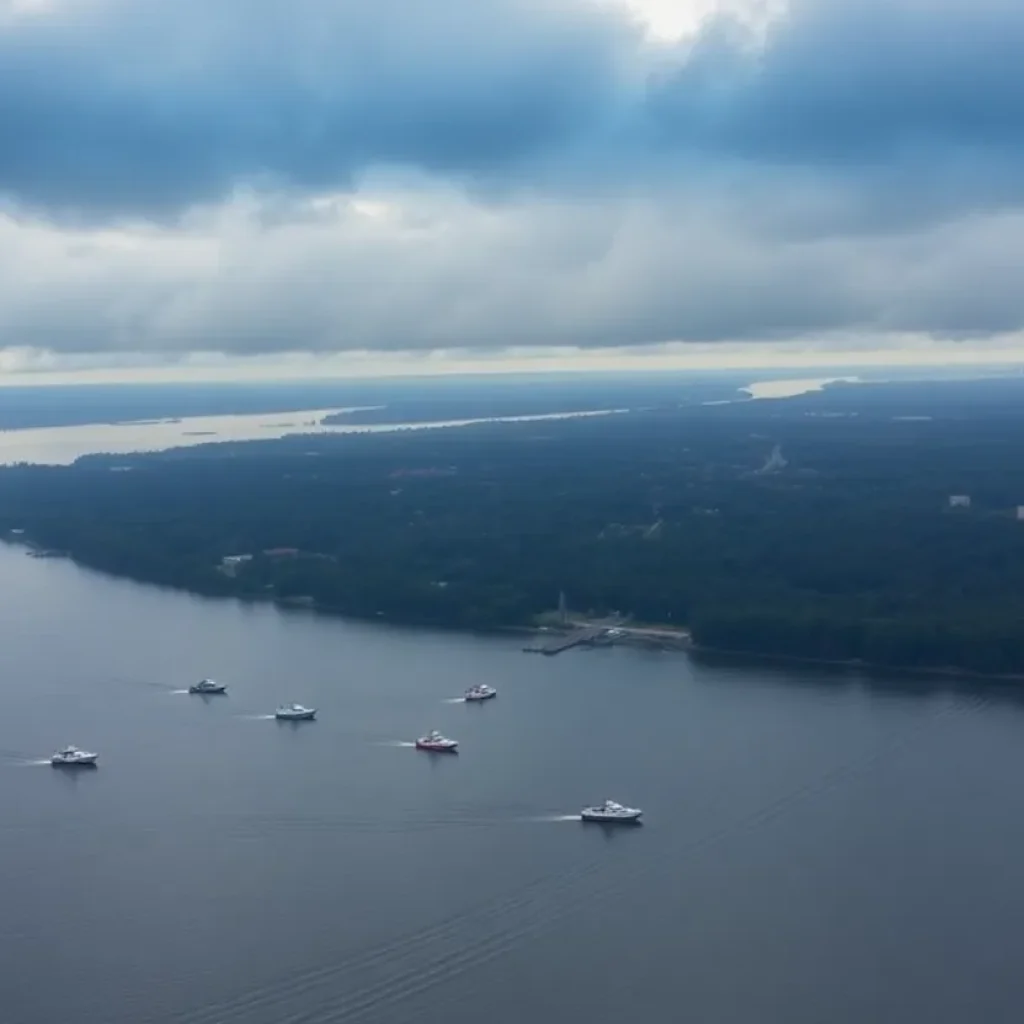 Aerial view showing the Potomac River and rescue operations following an aviation collision.