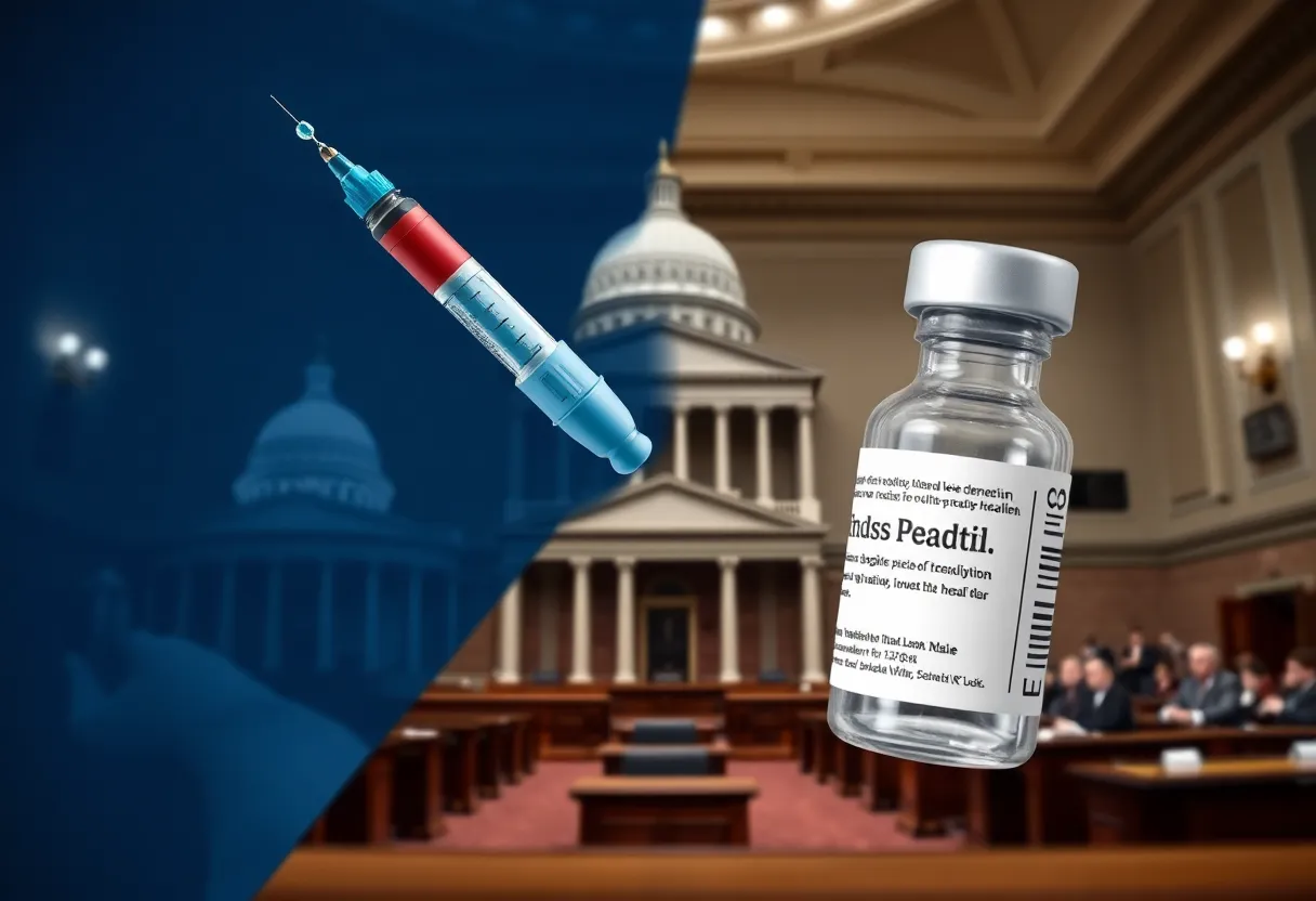 Symbolic representation of the public health debate with vaccines and government buildings.