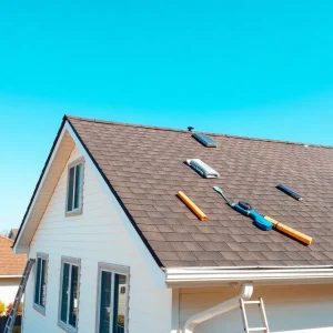 A house undergoing re-roofing with new shingles being installed.