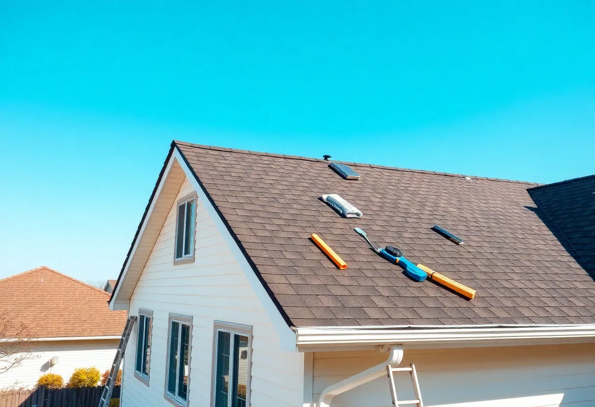 A house undergoing re-roofing with new shingles being installed.