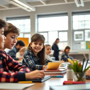 Students in a classroom setting with books and learning materials.