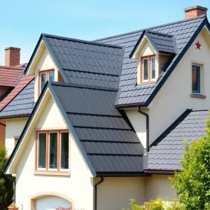 Different types of roofing materials displayed on a house