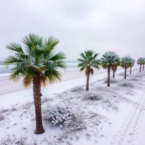 Snow falling on Gulf Coast beaches with palm trees