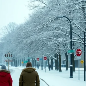 Winter storm hitting Columbia, South Carolina with snow-covered streets