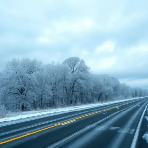 Snow-covered road in South Carolina during winter storm