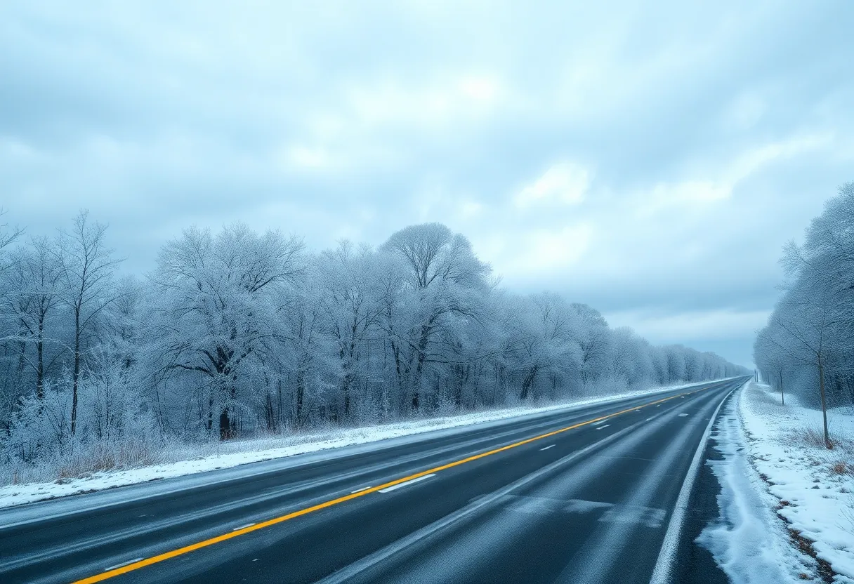 Snow-covered road in South Carolina during winter storm