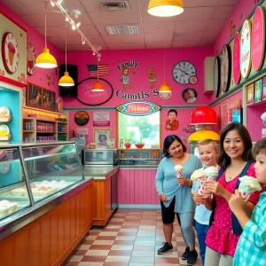 Inside view of Sweet Izzy's Ice Cream Shop with ice cream flavors and happy customers