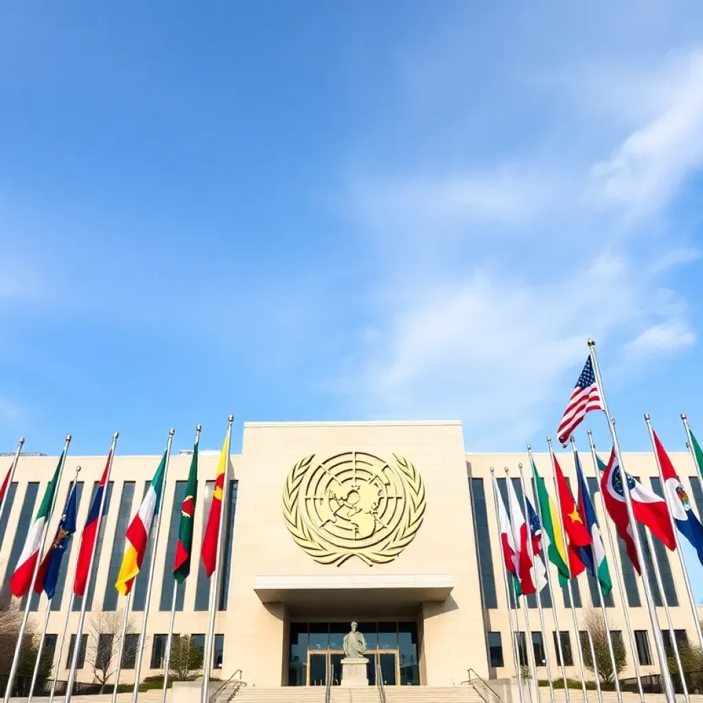 United Nations headquarters with flags representing global cooperation