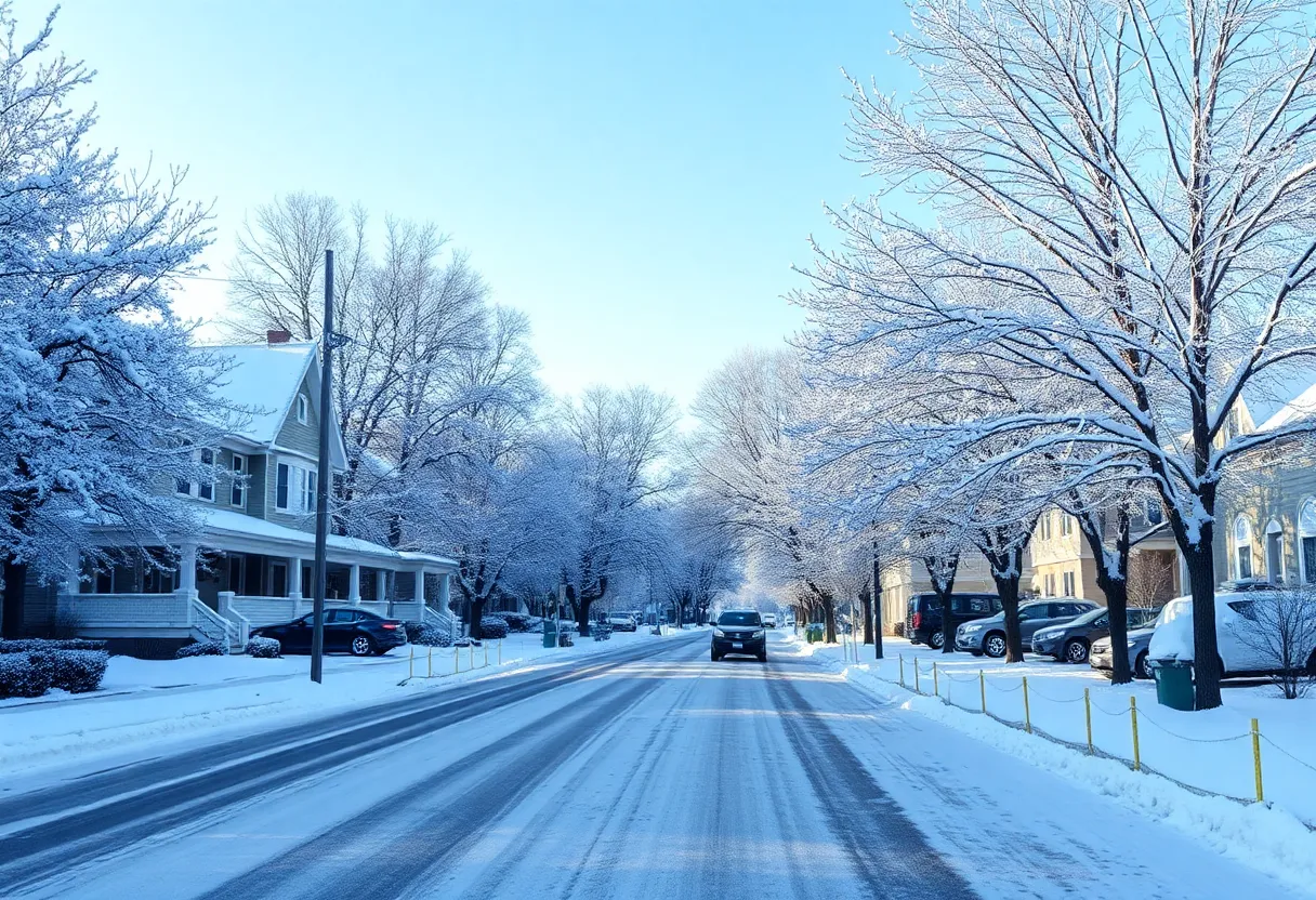 Snowy street in the southern U.S. during Winter Storm Enzo