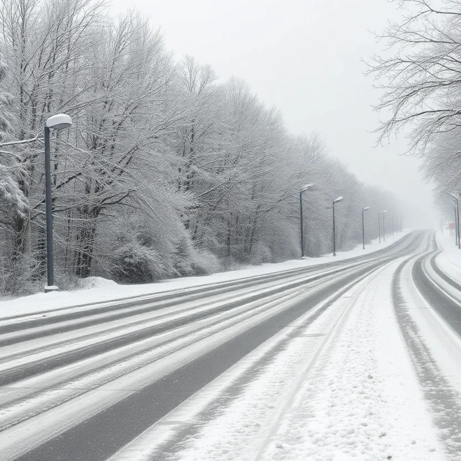 Icy roads and snow-covered landscape due to winter storm