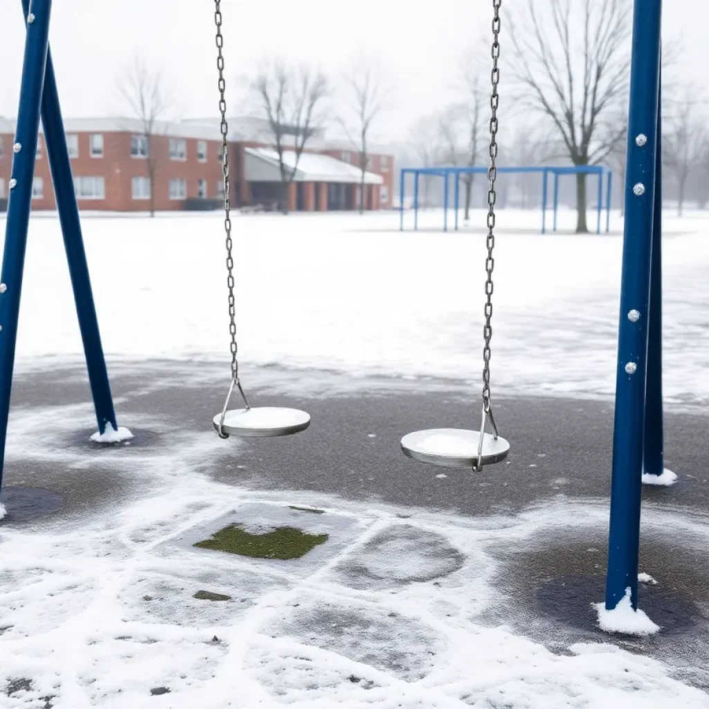 Snow-covered school playground after winter weather