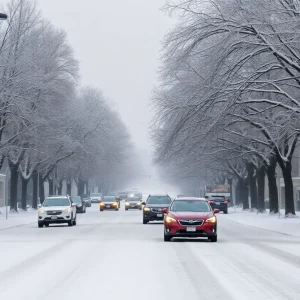 Snow-covered street in Columbia, SC during a winter storm.