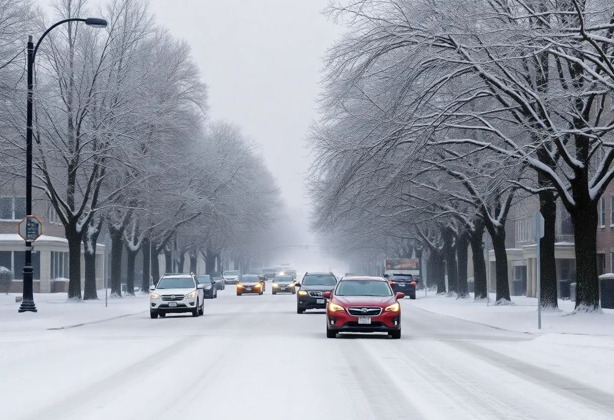 Snow-covered street in Columbia, SC during a winter storm.