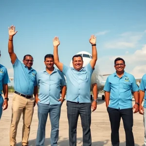 Six men celebrating their release from Venezuelan detention