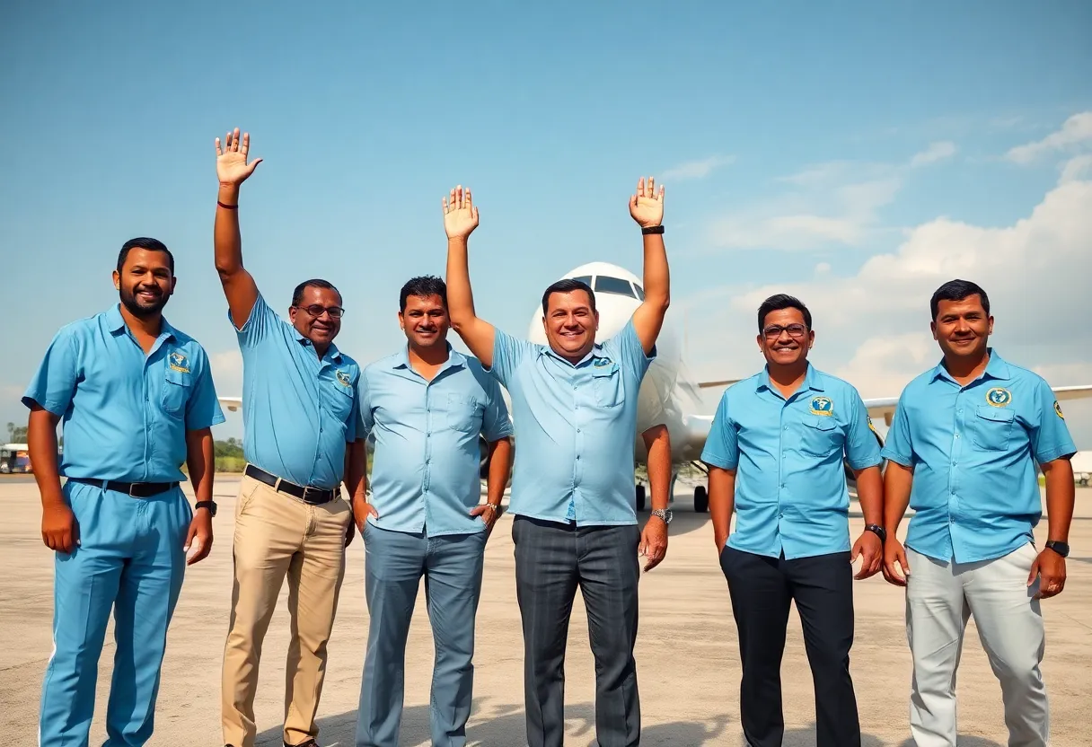 Six men celebrating their release from Venezuelan detention