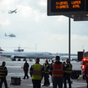 Emergency responders at an airport following a deadly aviation incident.