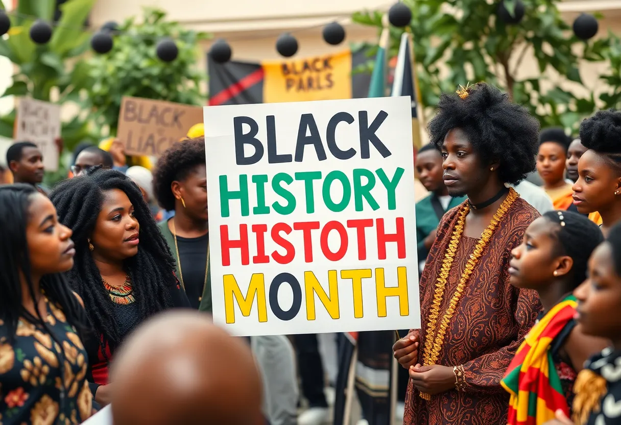 Community celebrating Black History Month with various cultural symbols.