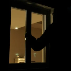 Conceptual image of a burglary occurring at a luxury home at night.