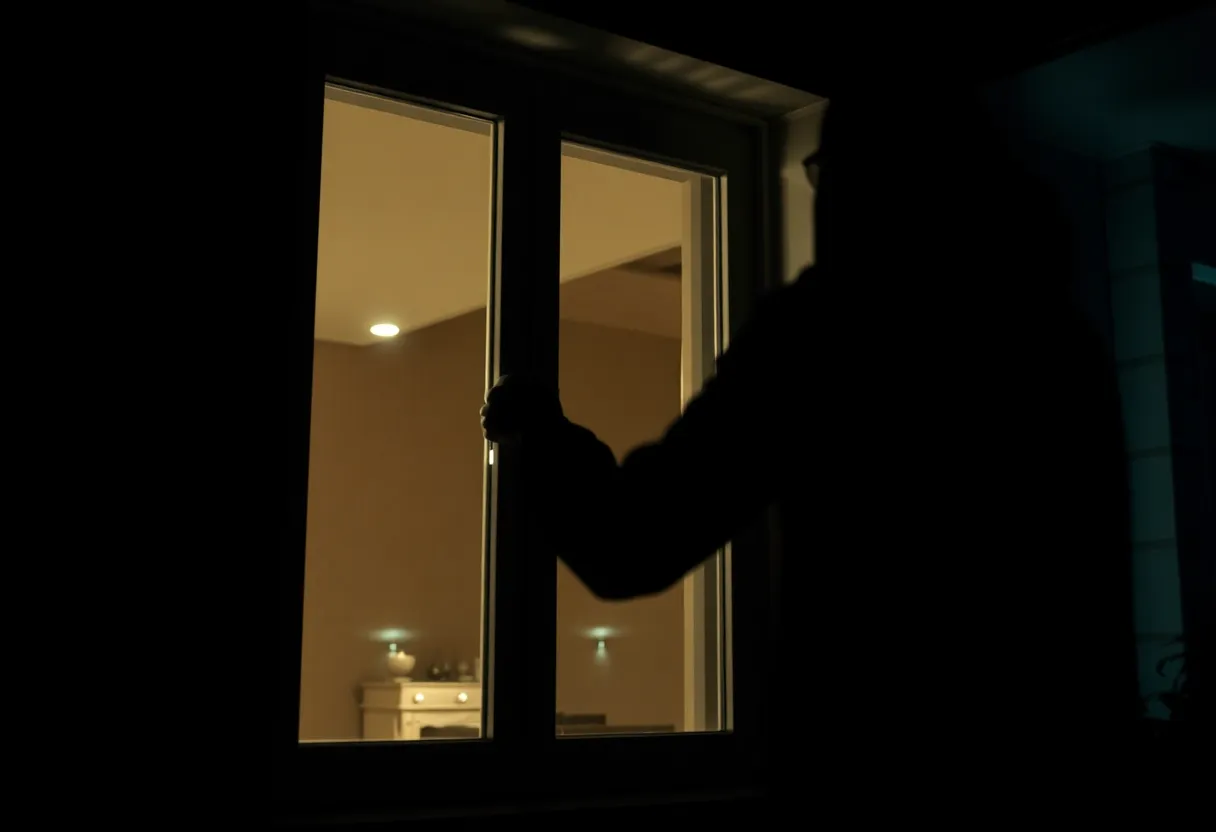 Conceptual image of a burglary occurring at a luxury home at night.