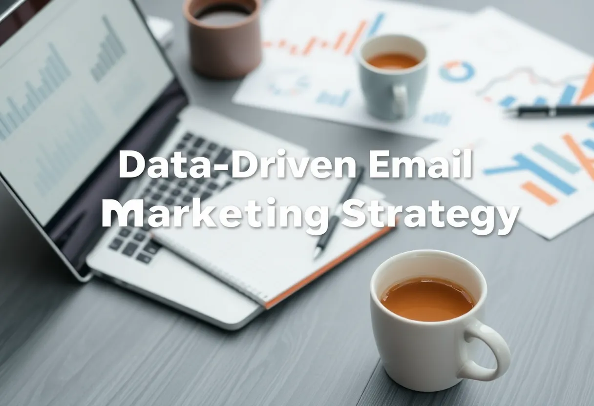 Workspace depicting a data-driven email marketing strategy with graphs and a laptop