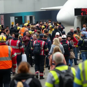 Emergency responders assist passengers after Delta Air Lines Flight 4819 crash-lands at Toronto Airport.