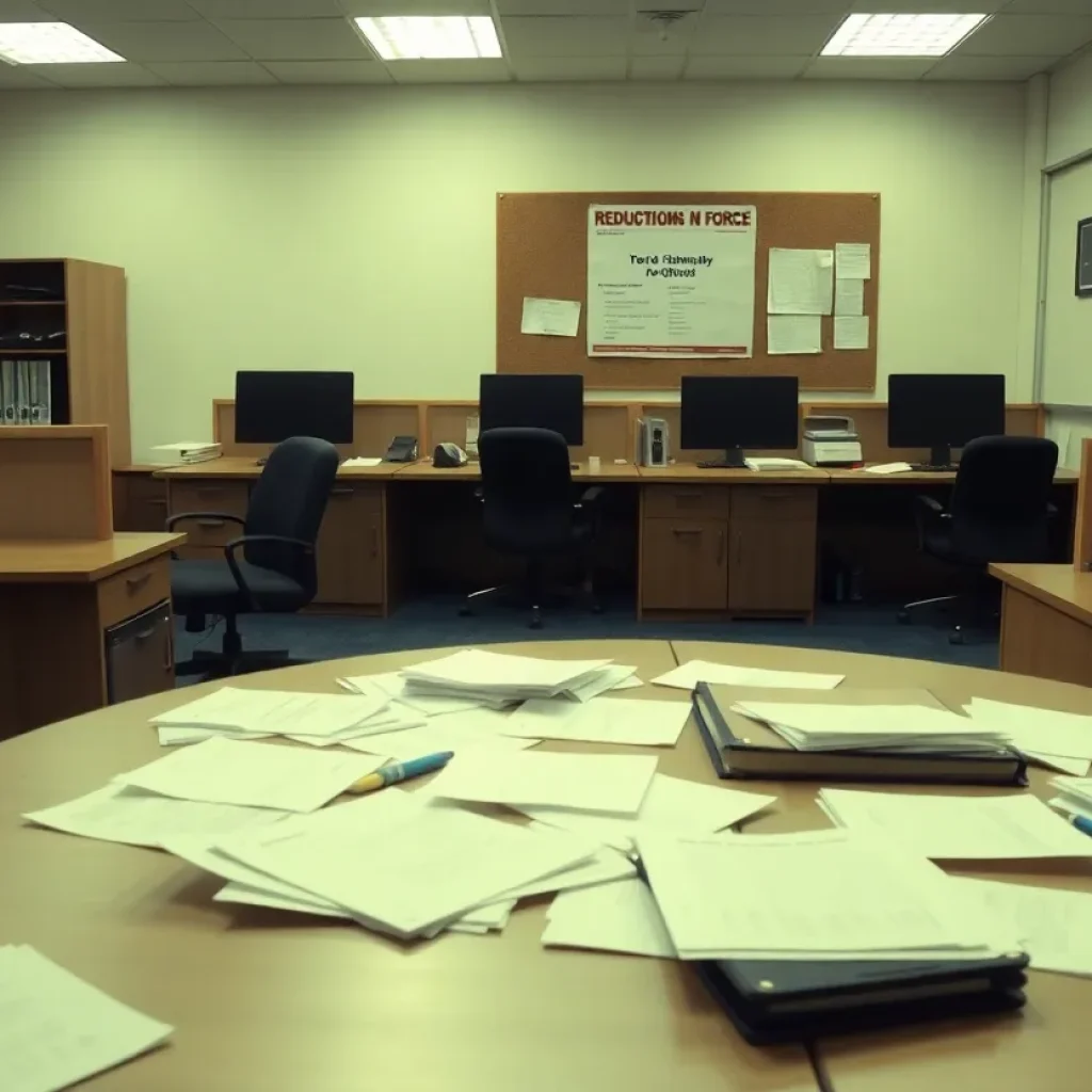 An office showing signs of layoffs with empty desks and notices.