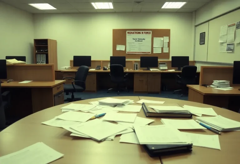 An office showing signs of layoffs with empty desks and notices.