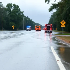 Flooded road with warning signs in Greenwood SC