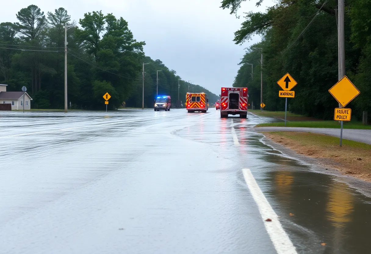 Flooded road with warning signs in Greenwood SC