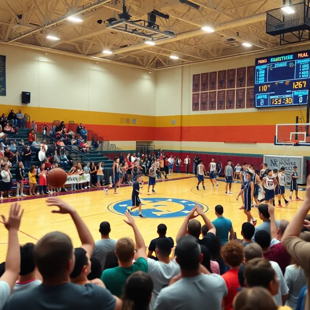 High school basketball teams warm up on court in Gainesville.