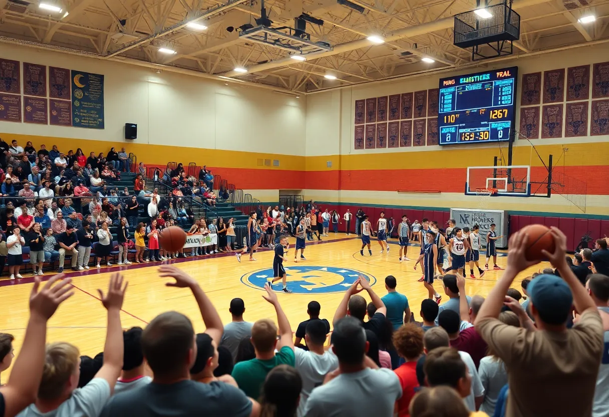 High school basketball teams warm up on court in Gainesville.