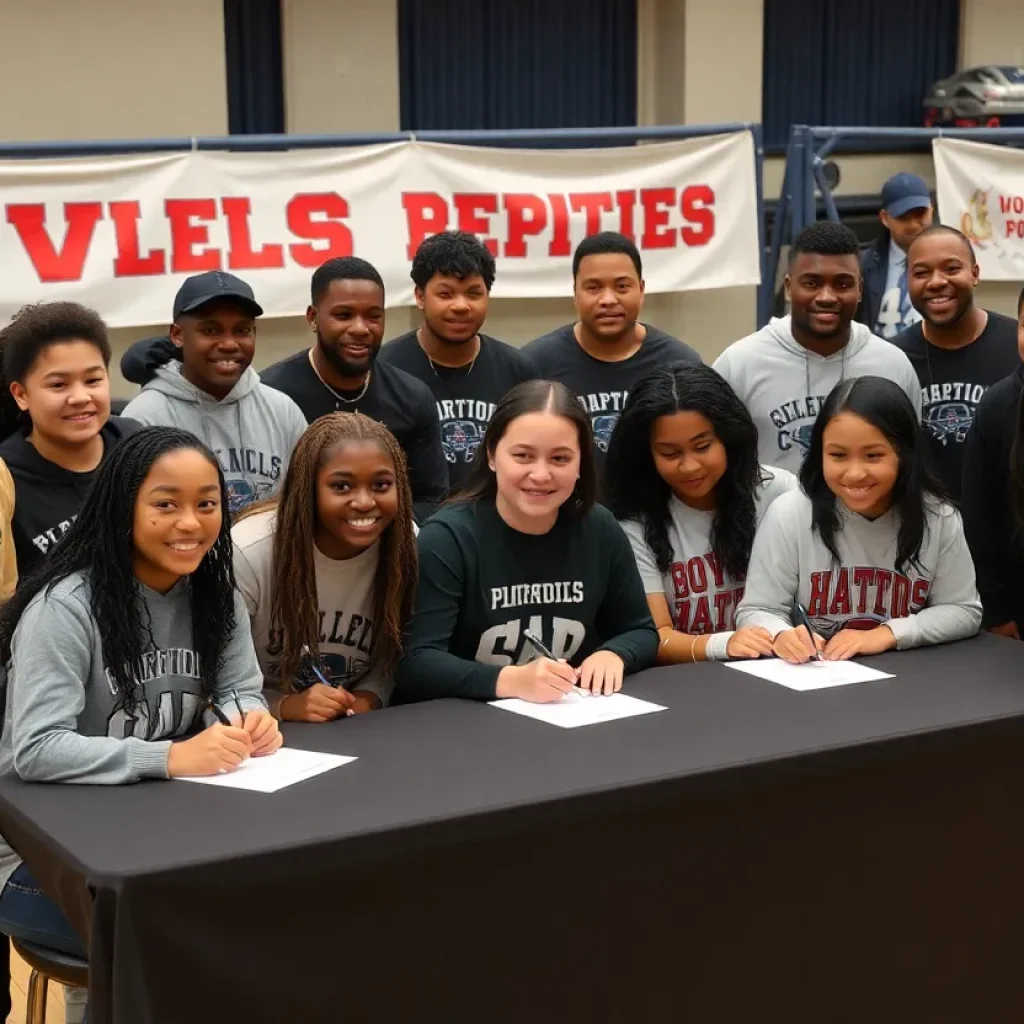 Athletes from Hartsville High School signing their letters of intent surrounded by supporters