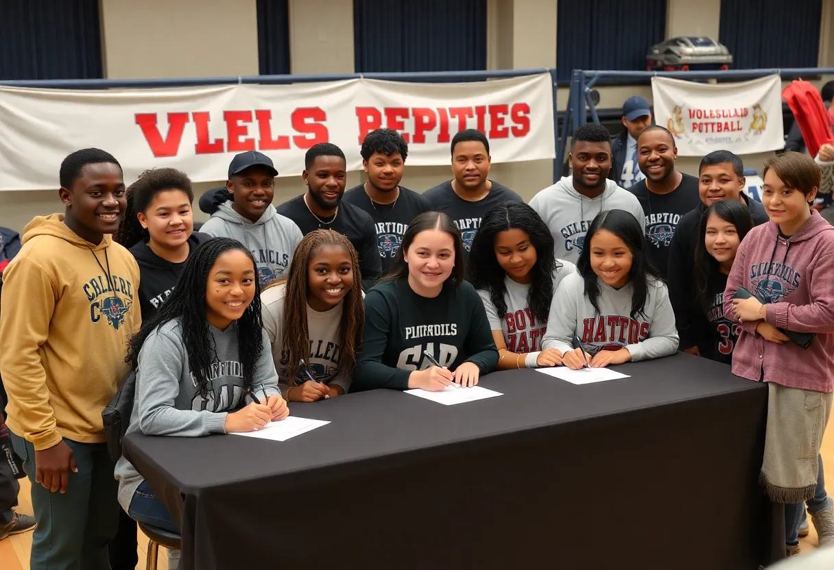 Athletes from Hartsville High School signing their letters of intent surrounded by supporters