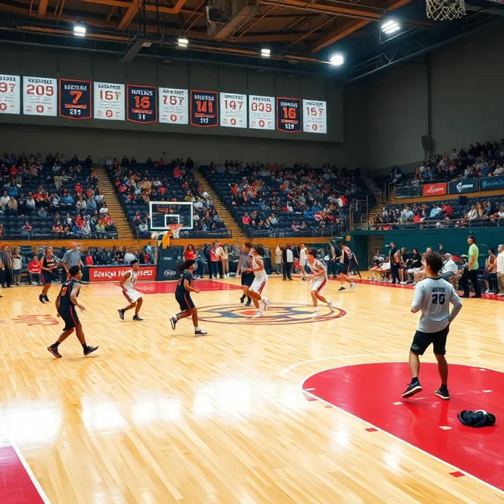 Action-packed scene of high school basketball players competing on the court