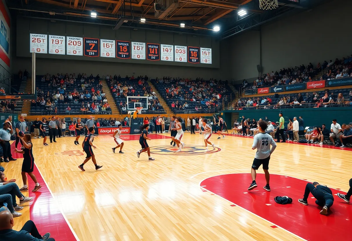 Action-packed scene of high school basketball players competing on the court