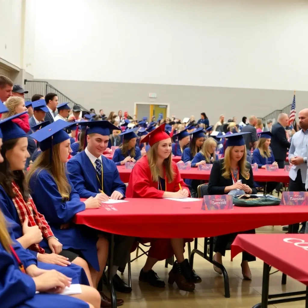 High school athletes celebrating their college commitments during a signing day event.