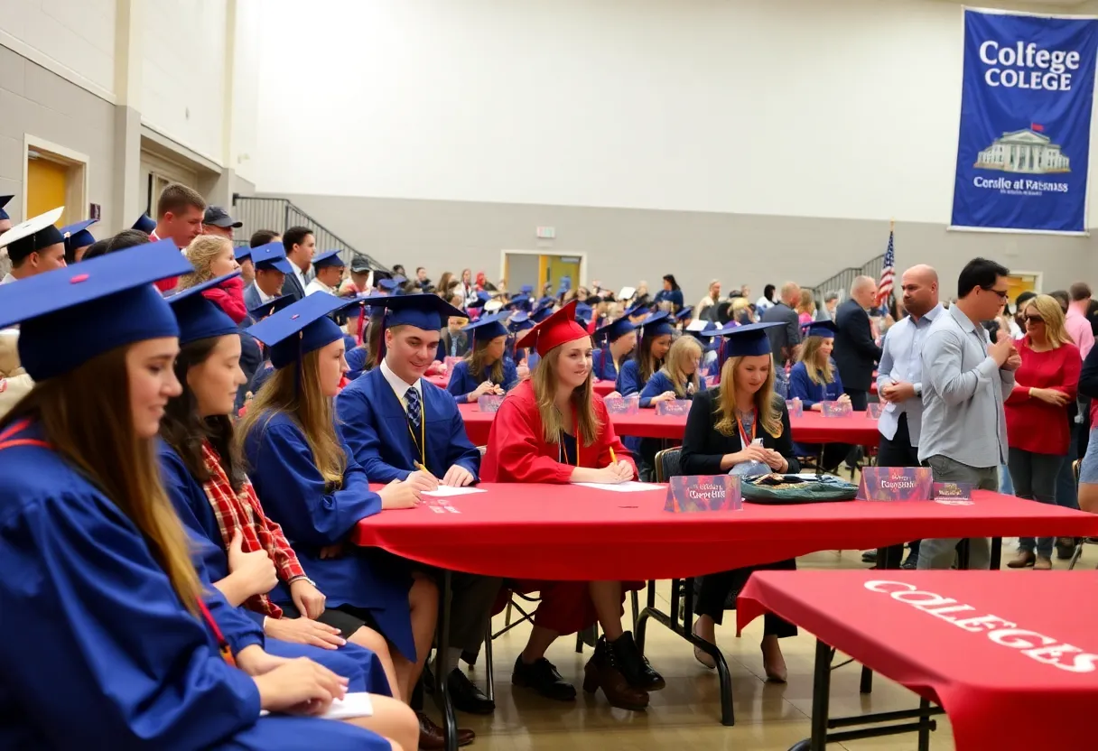 High school athletes celebrating their college commitments during a signing day event.