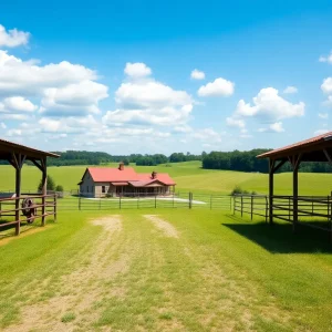 A picturesque view of a historic horse farm in Newberry, SC, featuring a large farmhouse and expansive green pastures.