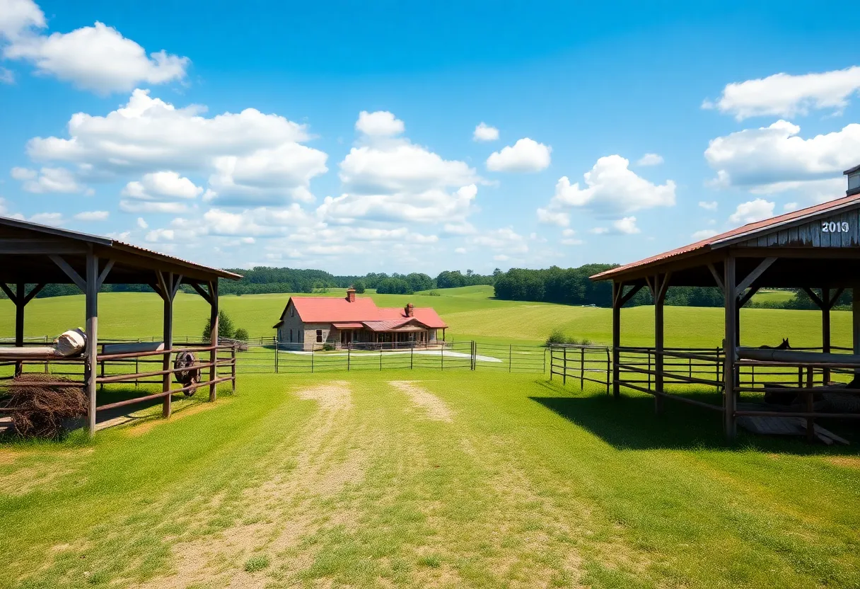 A picturesque view of a historic horse farm in Newberry, SC, featuring a large farmhouse and expansive green pastures.