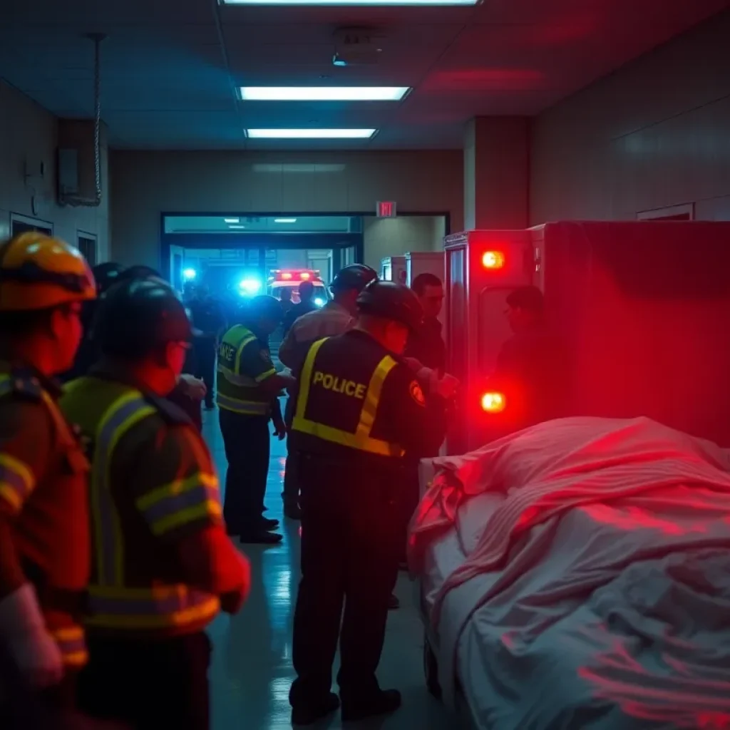 Emergency personnel responding to a crisis at a hospital.