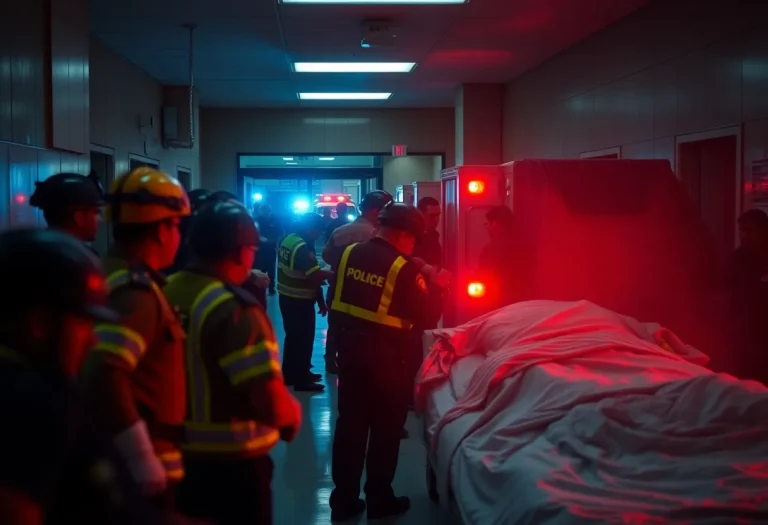 Emergency personnel responding to a crisis at a hospital.