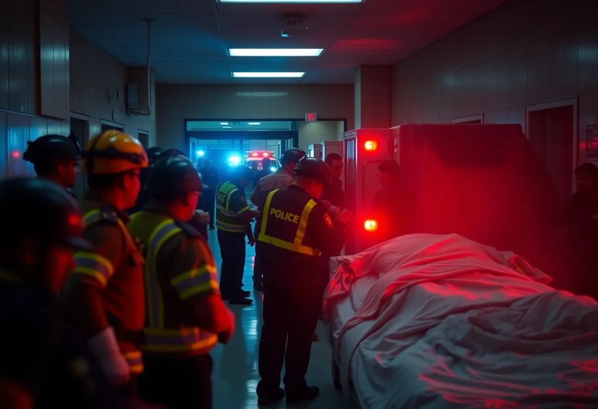 Emergency personnel responding to a crisis at a hospital.