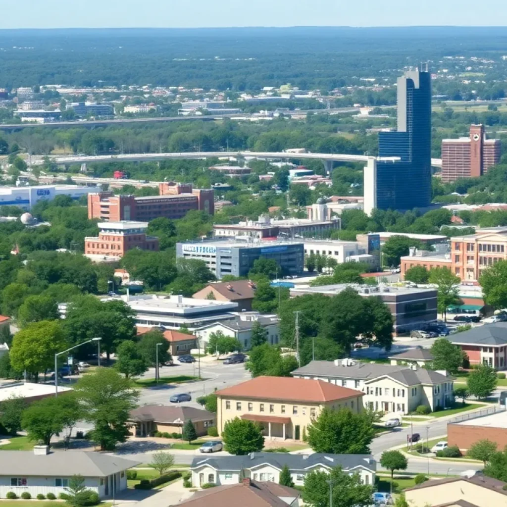 Aerial view of Huntsville Alabama showing residential and commercial areas