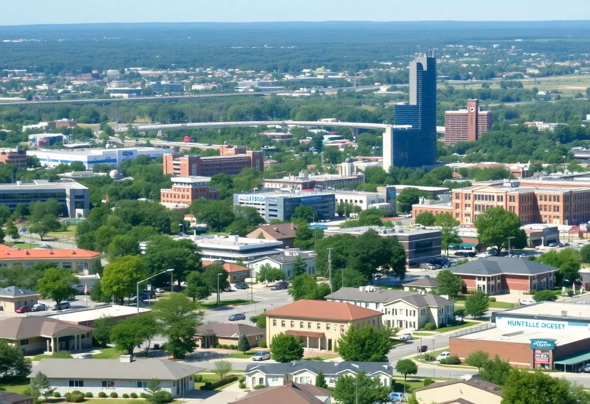 Aerial view of Huntsville Alabama showing residential and commercial areas