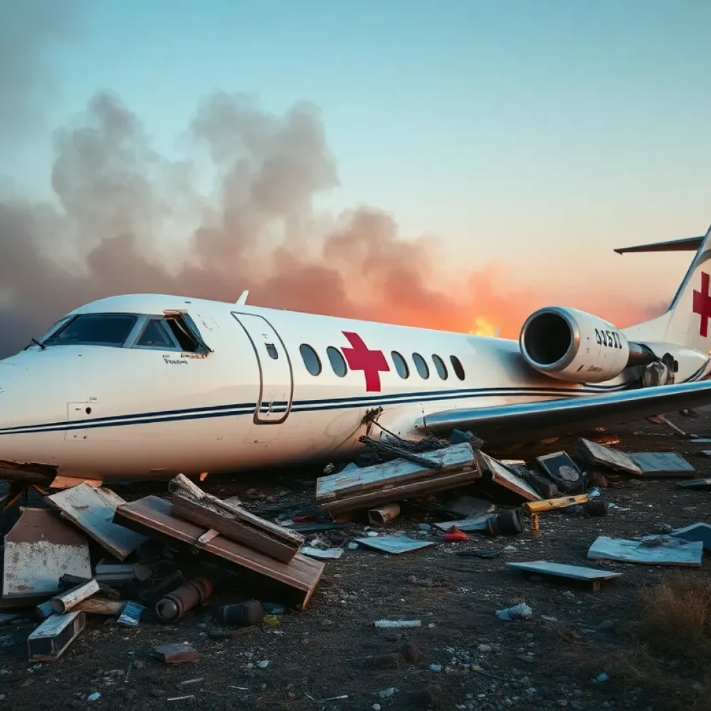 Scene of a medical transport jet crash with emergency responders and debris.